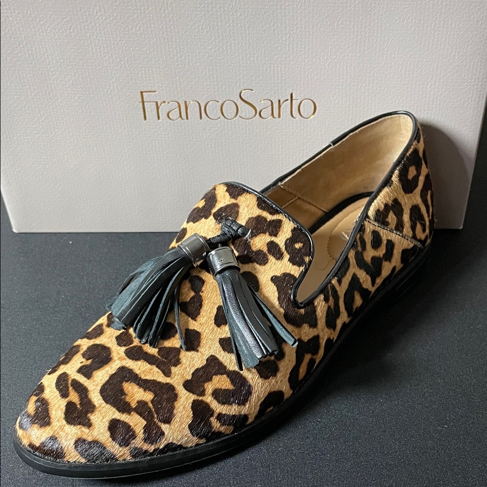 Franco Sarto Animal Print Loafers with Black Tassels